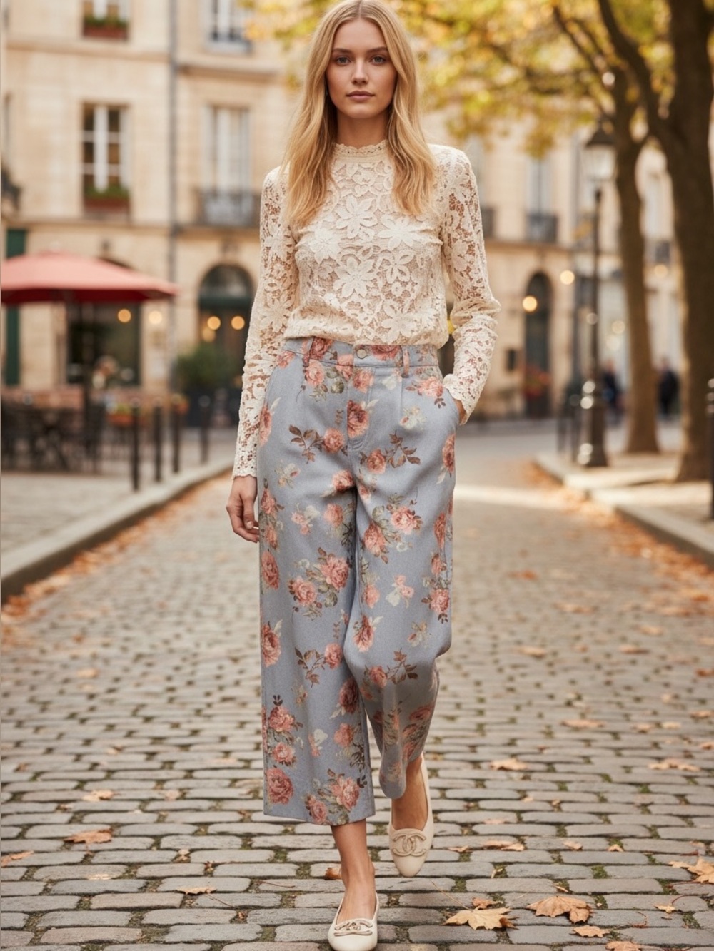 Floral Print Wide-Leg Denim Light Blue Pants